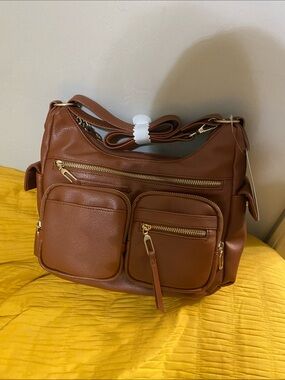 Time and Tru Brown Faux Leather Shoulder Bag with Gold Hardware